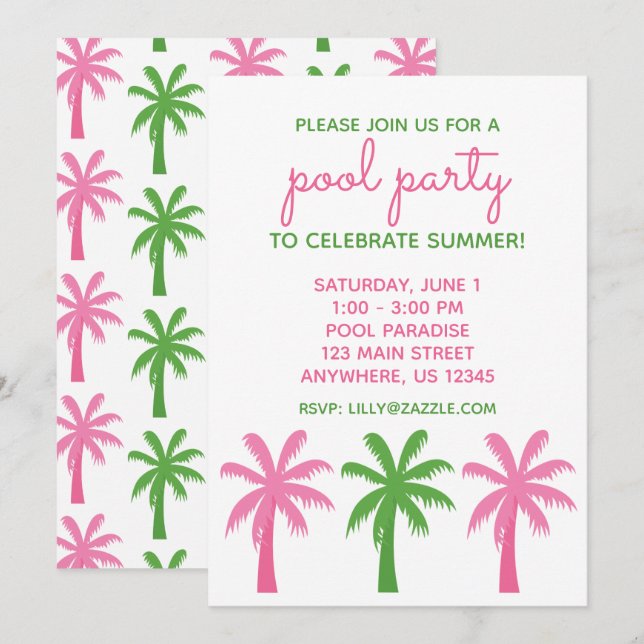 Preppy Pink & Green Palm Trees Party Einladungen (Vorne/Hinten)