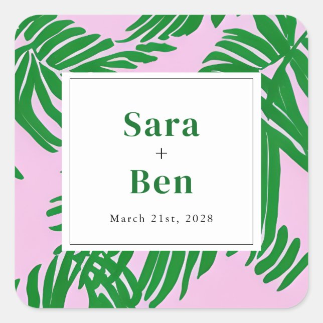Preppy Pink + Green Palm Trees Wedding Quadratischer Aufkleber (Vorderseite)
