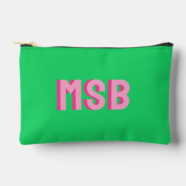 Preppy Pink Green Shadow Block Monogram, Custom Zubehörtasche (Vorderseite)