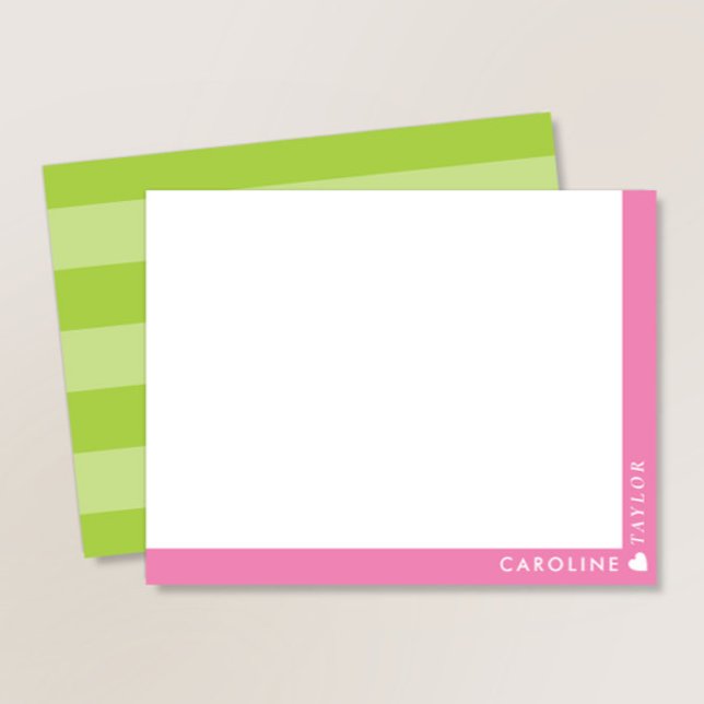 Preppy Pink Green Stripes Niedlich Girl Personalis Mitteilungskarte (Von Creator hochgeladen)