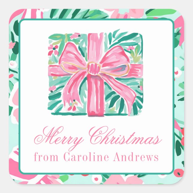 Preppy Pink & Green Weihnachten Geschenk Quadratischer Aufkleber (Vorderseite)