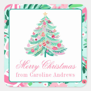 Preppy Pink & Green Weihnachtsbaum Geschenk Quadratischer Aufkleber