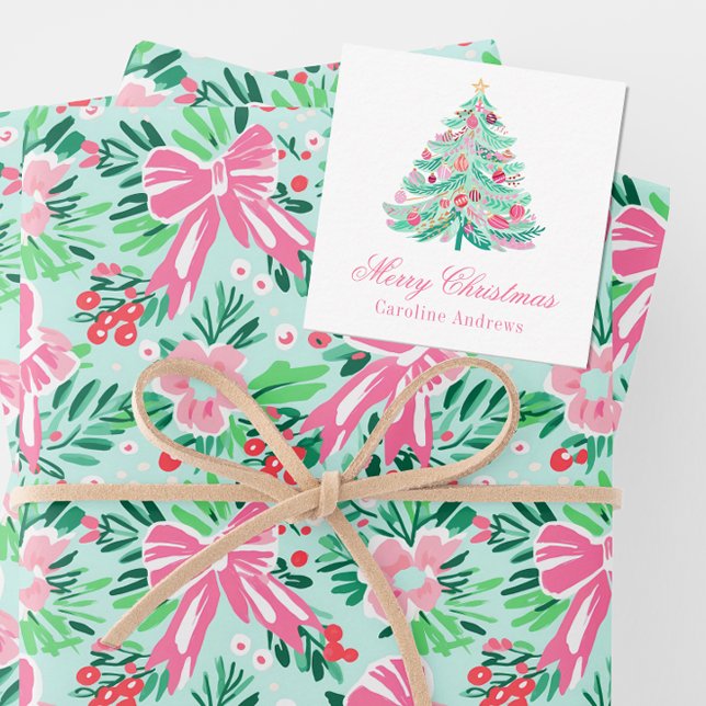 Preppy Pink & Green Weihnachtsbaum Geschenkverpack Mitteilungskarte (Von Creator hochgeladen)