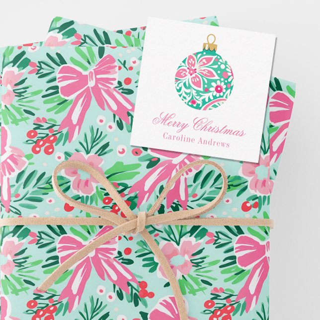 Preppy Pink & Green Weihnachtsdekoration Mitteilungskarte (Von Creator hochgeladen)