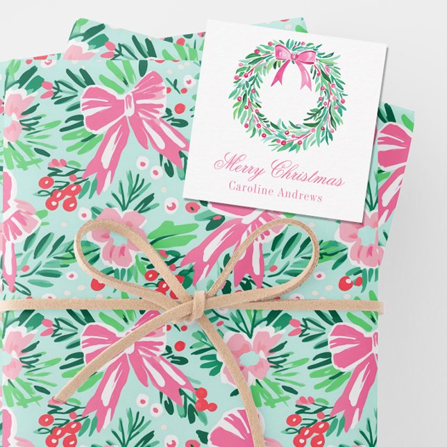 Preppy Pink & Green Weihnachtsfeier Mitteilungskarte (Von Creator hochgeladen)