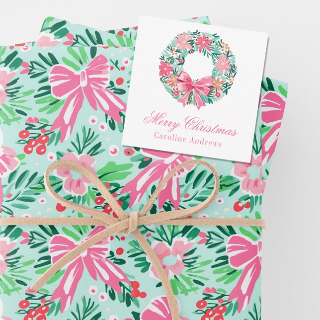 Preppy Pink & Green Weihnachtsfeier Mitteilungskarte (Von Creator hochgeladen)