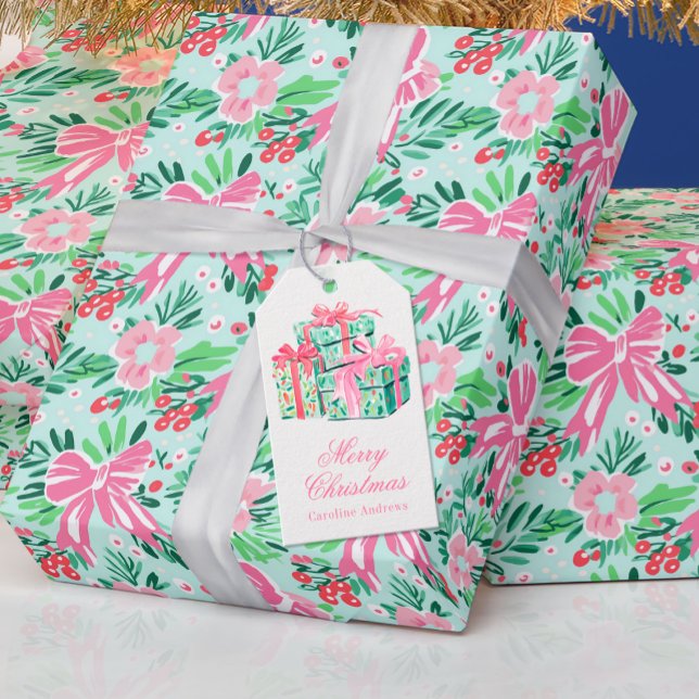Preppy Pink & Green Weihnachtsgeschenke Geschenkanhänger (Von Creator hochgeladen)