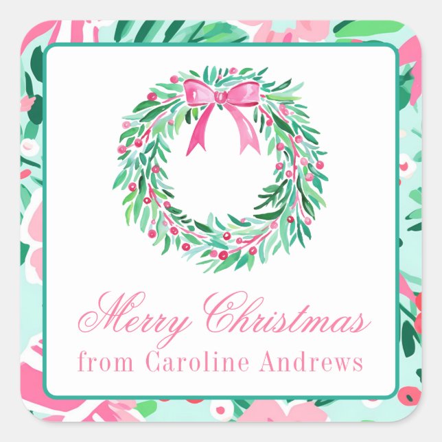 Preppy Pink & Green Weihnachtskrautgeschenk Quadratischer Aufkleber (Vorderseite)