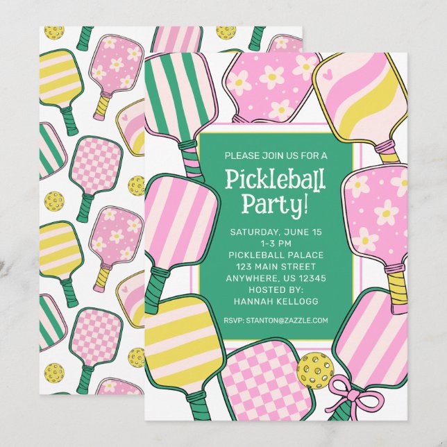 Preppy Pink Green & Yellow Pickleball Einladung (Vorne/Hinten)