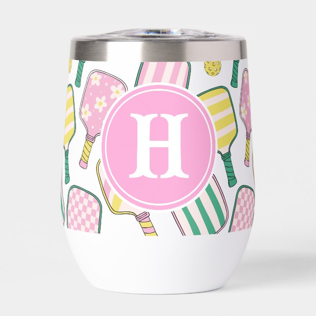 Preppy Pink Green & Yellow Pickleball Monogram (Vorderseite)