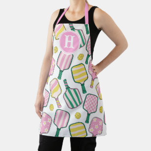 Preppy Pink Green & Yellow Pickleball Monogram Schürze