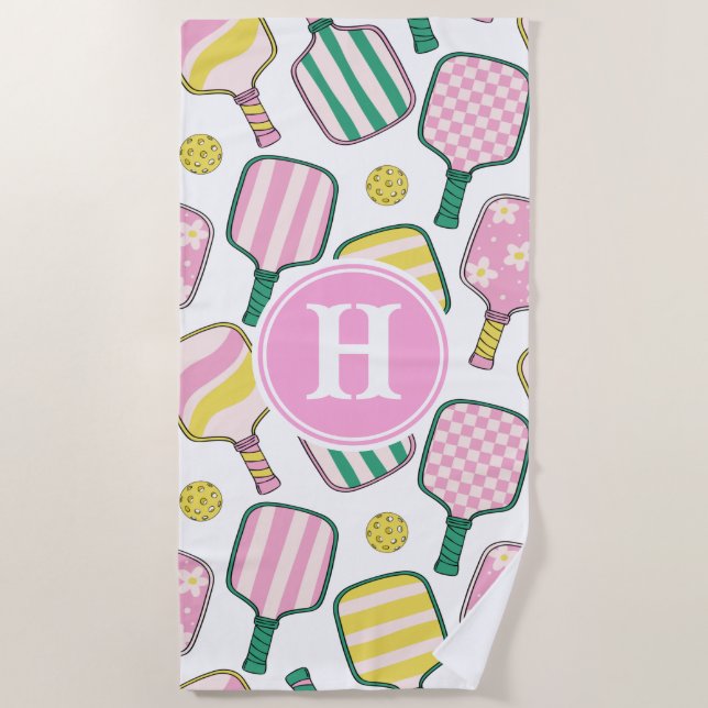 Preppy Pink Green & Yellow Pickleball Monogram Strandtuch (Vorderseite)