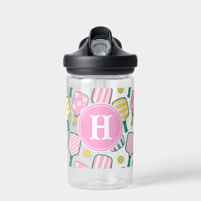 Preppy Pink Green & Yellow Pickleball Monogram Trinkflasche (Vorne)