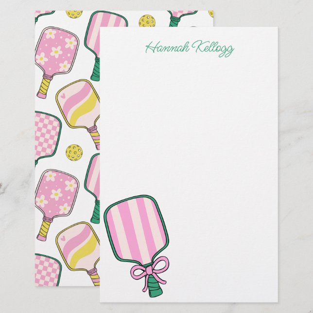 Preppy Pink Green & Yellow Pickleball Personalisie Briefpapier (Vorne/Hinten)