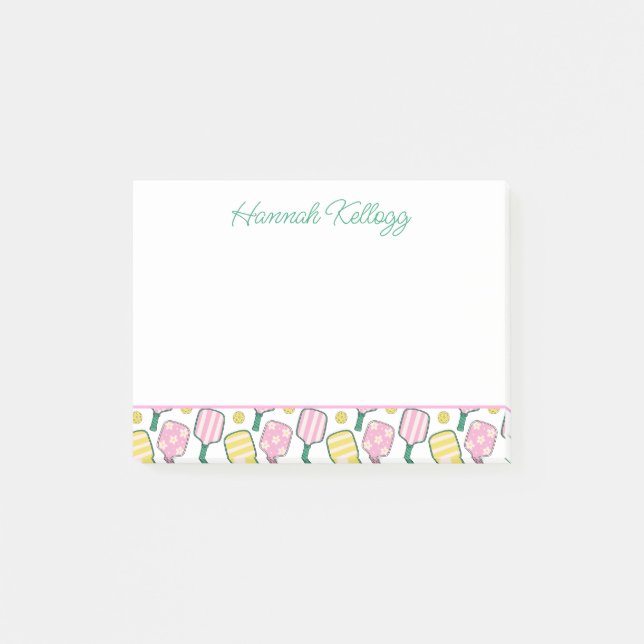 Preppy Pink Green & Yellow Pickleball Personalisie Post-it Klebezettel (Vorderseite)