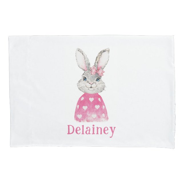 Preppy Pink Heart Bow Bunny Personalisiert Kissenbezug (Vorderseite)