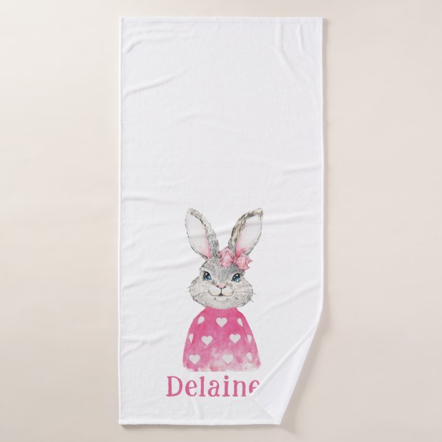 Preppy Pink Heart Bunny Bow Personnalisé (Serviette de bain)