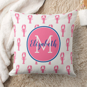Preppy-Pink-Hummer auf Weiß mit Navy-Monogramm Kissen