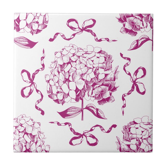 Preppy Pink Hydrangea Bow Nahtlose Toile Muster Fliese (Vorderseite)