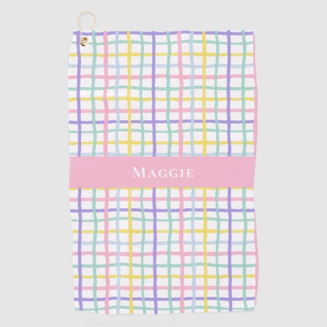 Preppy Pink Kariert Ladys Personalisiert Golfhandtuch (Vorderseite)