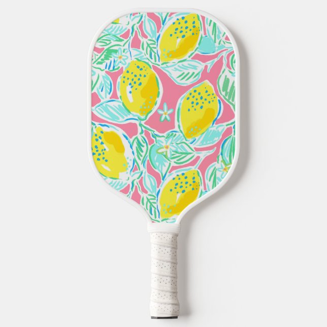 Preppy Pink Lemon Muster Pickleball Schläger (Vorderseite)