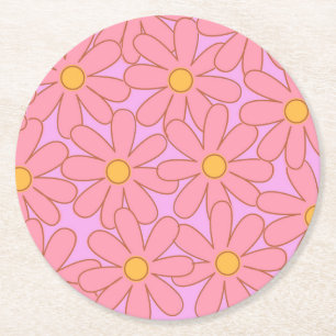 Preppy Pink Lila Floral Einfaches Muster Blume Runder Pappuntersetzer