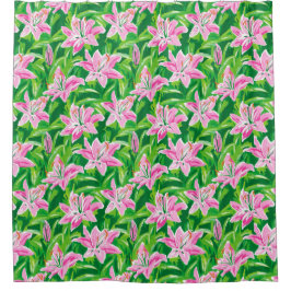 Preppy Pink Lily Floral Chic Botanical Bathroom  Duschvorhang