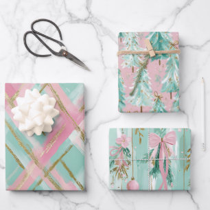 Preppy Pink Mint Gold Glitter Weihnachtsbäume Schl Geschenkpapier Set
