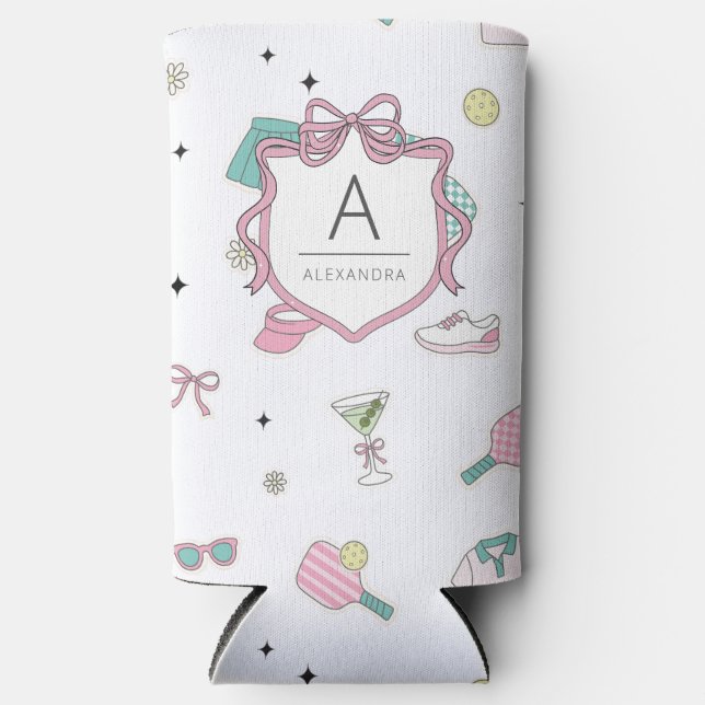 Preppy Pink Monogram Pickleball Geschenk für sie Selters Dosenkühler (Vorderseite)