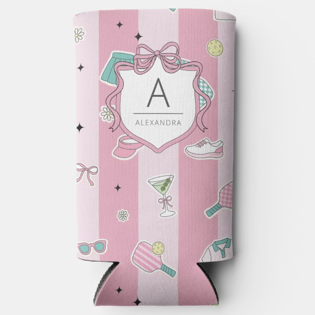 Preppy Pink Monogram Pickleball Geschenk für sie Selters Dosenkühler (Vorderseite)