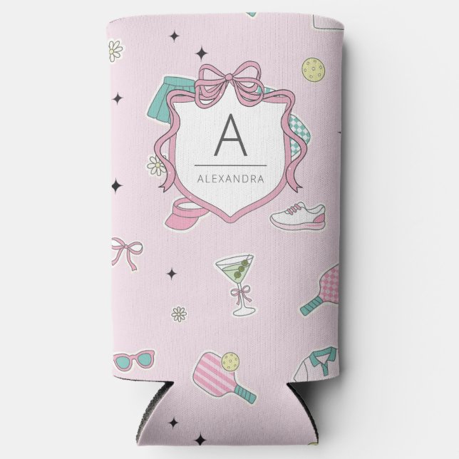 Preppy Pink Monogram Pickleball Geschenk für sie Selters Dosenkühler (Vorderseite)