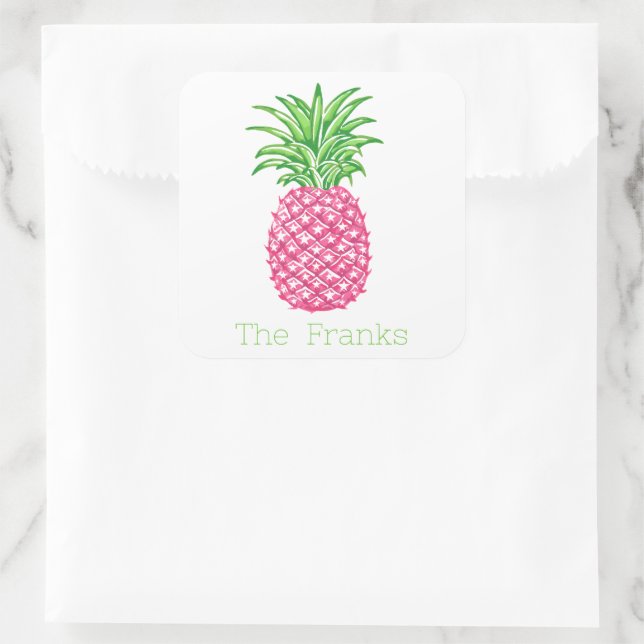 Preppy Pink Pineappenstars Personalisiert Quadratischer Aufkleber (Tasche)