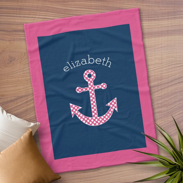 Preppy Pink Polka Dot Anchor mit Navy Individuelle Fleecedecke (Personalized Fleece Blanket)