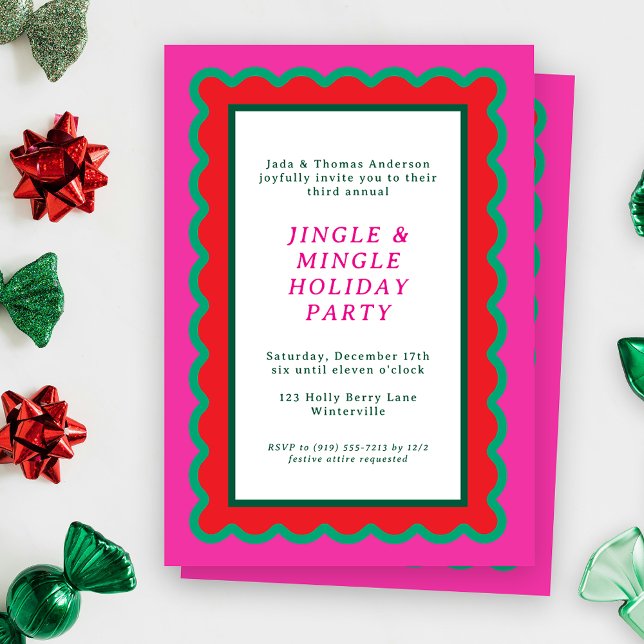 Preppy Pink Red Green Simple Scallop Weihnachten Einladung (A scalloped holiday party invitation feel preppy, bold and bright in hot pink, red, and green)