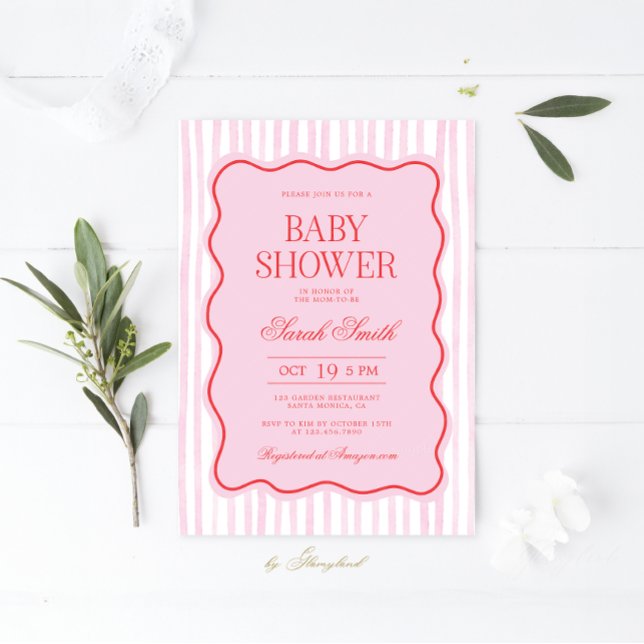 Preppy Pink Red Wavy Baby Shower Girl Einladung (Von Creator hochgeladen)
