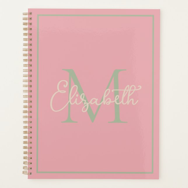 Preppy Pink Sage Green und Creme Monogram Planer (Vorderseite)