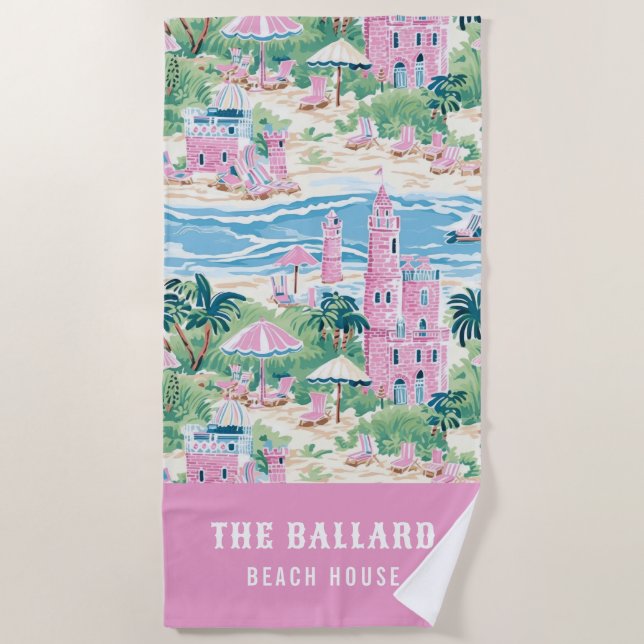 Preppy Pink Sand Castle | Beach House Strandtuch (Vorderseite)