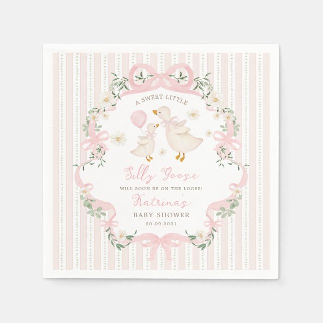 Preppy Pink Silly Goose Bow Floral Baby Shower Serviette (Vorderseite)