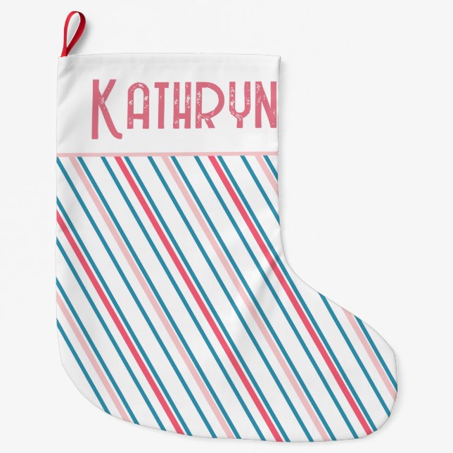 Preppy Pink Stripe Girls Großer Weihnachtsstrumpf (Vorderseite)