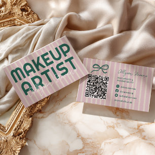 Preppy Pink Stripe Green Makeup Artist QR-Code Visitenkarte