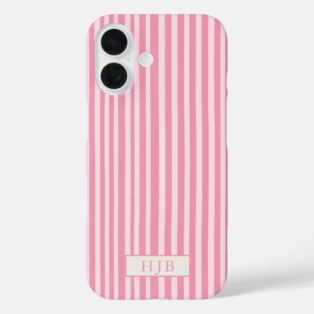 Preppy Pink Stripe Monogram Hübsch iPhone 16 Fall Hülle (Rückseite)