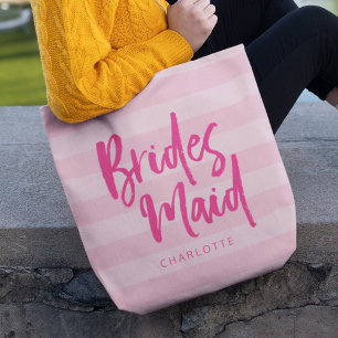 Preppy Pink Stripes Brush Script Bridesmaid Tasche