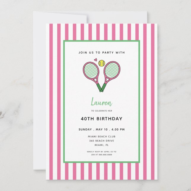 Preppy Pink Tennis Racquet Birthday  Einladung (Vorderseite)