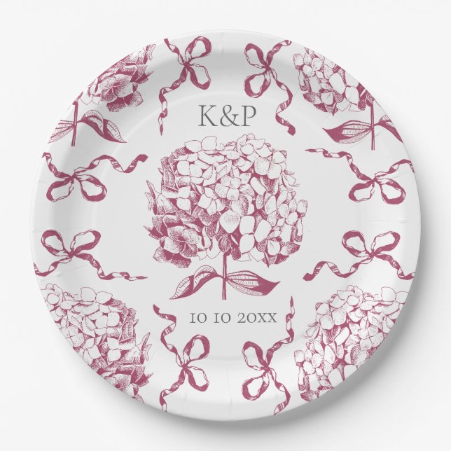 Preppy Pink Toile Hydrangea Bow mit Namen Pappteller (Vorderseite)