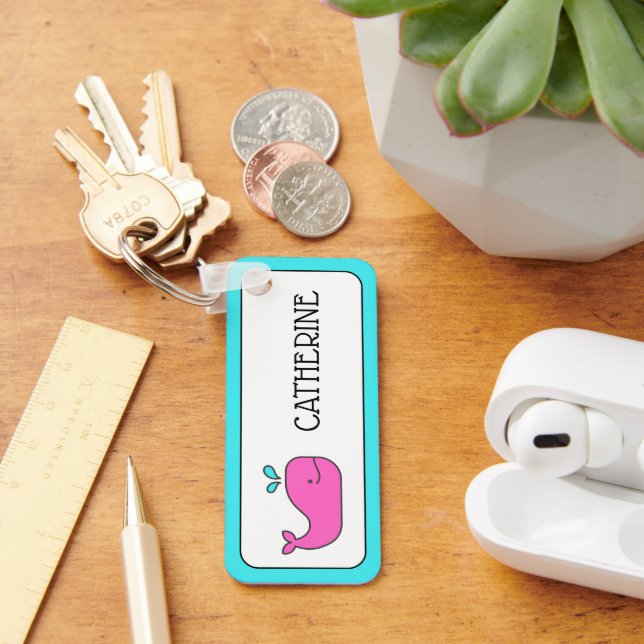 Preppy Pink und Aqua Whale Personalisiert Schlüsselanhänger (Schreibtisch)