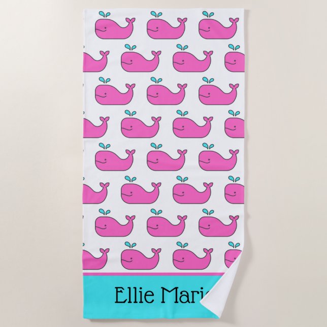 Preppy Pink und Aqua Whales Personalisiert Strandtuch (Vorderseite)