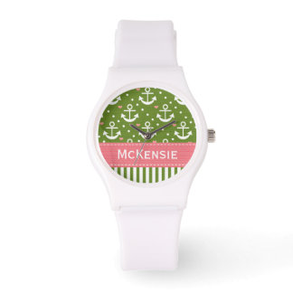 Preppy Pink und Green Anchor Nautic Armbanduhr
