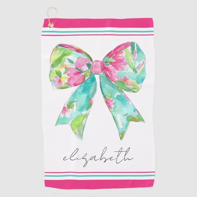 Preppy Pink und Green Bow Personalisiert Golfhandtuch (Vorderseite)
