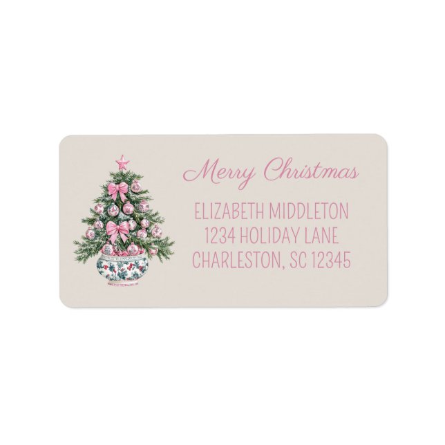 Preppy Pink und Green Chinoiserie Weihnachtsbaum Adressaufkleber (Vorne)