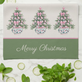 Preppy Pink und Green Chinoiserie Weihnachtsbaum Geschirrtuch